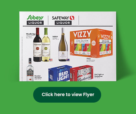 An image showing the Sobeys liquor and Safeway liquor logo with drinks bottles along with the 'Click here to view Flyer' button at the bottom.