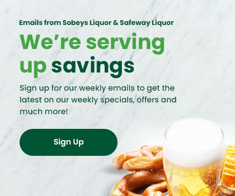 Text Reading 'Emails from Sobeys Liquor & Safeway Liquor. We're serving up savings. Sign up for our weekly emails to get the latest on our weekly specials, offers and much more! Click on the 'Sign Up' button given below.'