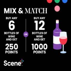 Test reading" MIX & MATCH buy any 6 and Bottals of wine and get 250 Points OR Buy any 12 and Bottals of wine and get 1000 Points with scene plus logo.