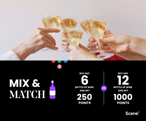 Test reading" MIX & MATCH buy any 6 and Bottals of wine and get 250 Points OR Buy any 12 and Bottals of wine and get 1000 Points with scene plus logo.